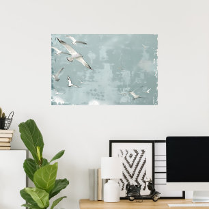 Een kust vogels oceaan zee lucht collage achtergro poster