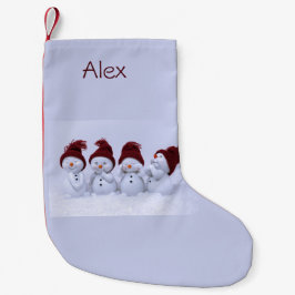 Een kwartet van sneeuwmannen kleine kerstsok