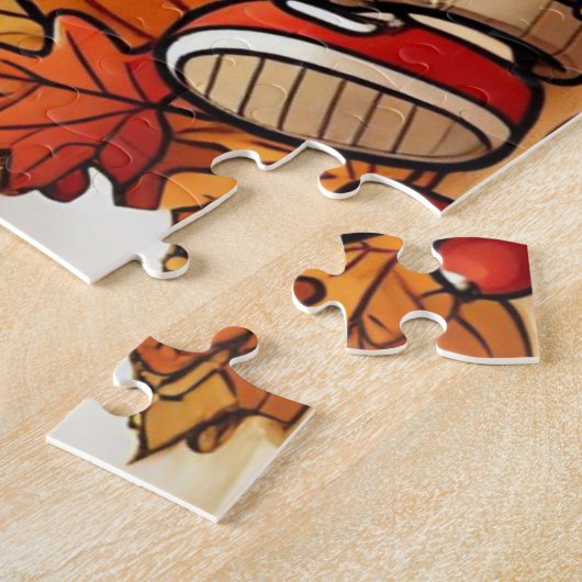 Een lachend kind met een eikel in de herfst legpuzzel (Zijkant)