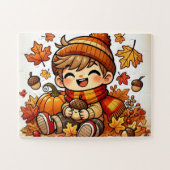 Een lachend kind met een eikel in de herfst legpuzzel (Horizontaal)