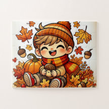 Een lachend kind met een eikel in de herfst