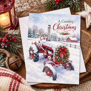 Een landelijke kerst met vintage rode tractor feestdagenkaart