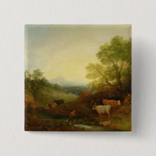 Een landschap met Rundvee en Cijfers door een Stre Vierkante Button 5,1 Cm
