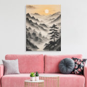 Een landschap van bergen met bomen en mist canvas afdruk (Insitu (Woonkamer))