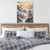 Een landschap van bergen met bomen en mist canvas afdruk (Insitu (Slaapkamer))