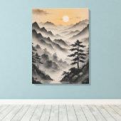 Een landschap van bergen met bomen en mist canvas afdruk (Insitu (Houten vloer))
