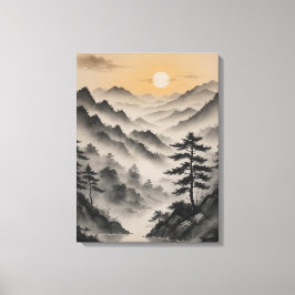 Een landschap van bergen met bomen en mist canvas afdruk