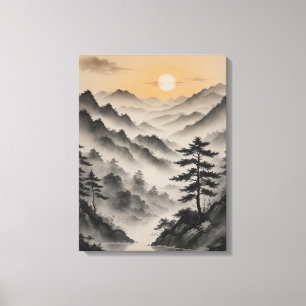Een landschap van bergen met bomen en mist canvas afdruk