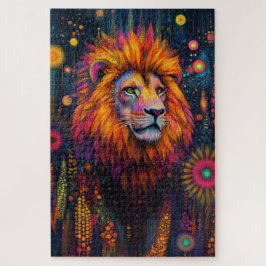 Een leeuw die door een psychedelisch oerwoud loopt legpuzzel