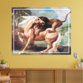 Een leeuw die een paardenschilderij aanvalt - 1762 canvas afdruk (Insitu (Woonkamer))