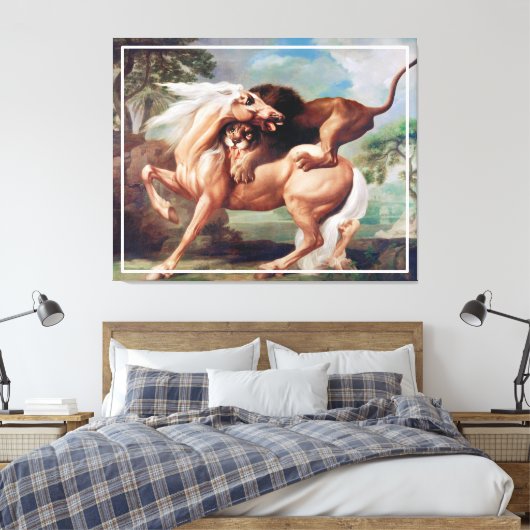 Een leeuw die een paardenschilderij aanvalt - 1762 canvas afdruk (Insitu (Slaapkamer))
