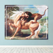 Een leeuw die een paardenschilderij aanvalt - 1762 canvas afdruk (Insitu (Houten vloer))