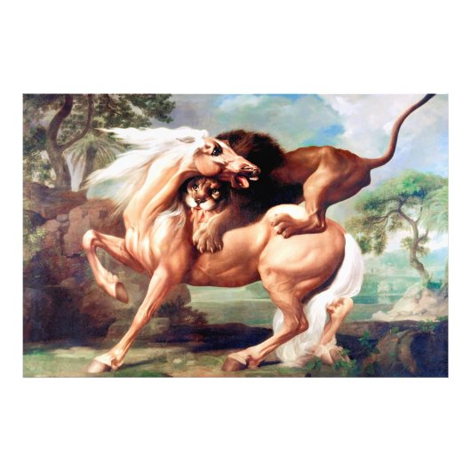 Een leeuw die een paardenschilderij aanvalt - 1762 foto afdruk (Voorkant)