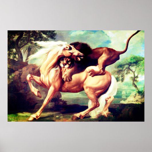 Een leeuw die een paardenschilderij aanvalt - 1762 poster (Voorkant)