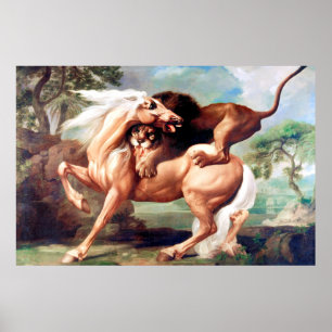 Een leeuw die een paardenschilderij aanvalt - 1762 poster