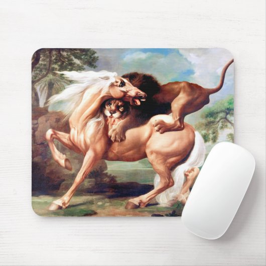 Een leeuw die een paardenschilderij aanvalt muismat (Met muis)
