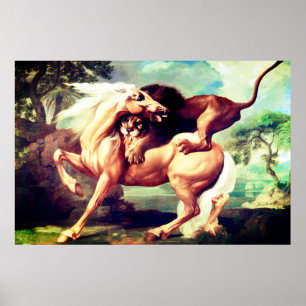 Een leeuw die een paardenschilderij aanvalt poster