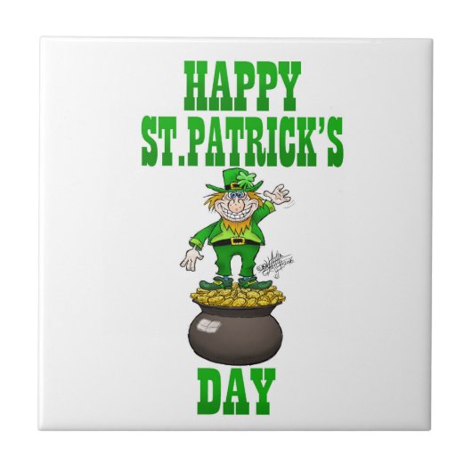 Een Leprechaun die op een pot goud staat. Tegeltje (Voorkant)