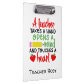 Een leraar neemt een hand opent een geest raakt he klembord (Rechts)