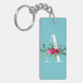 Een Letter Initiaal Monogram Bloem Aangepaste Kleu Sleutelhanger (Voorkant Links)