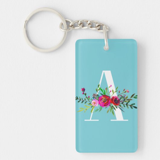 Een Letter Initiaal Monogram Bloem Aangepaste Kleu Sleutelhanger (Voorkant)