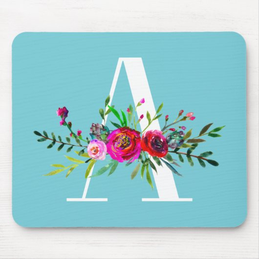 Een Letter Initiaal Monogram Floral Aangepaste Kle Muismat (Voorkant)