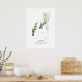 Een Letter Monogram Goud Groene Blad Chic Poster (Keuken)