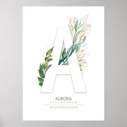 Een Letter Monogram Goud Groene Bladeren Chic Poster (Voorkant)