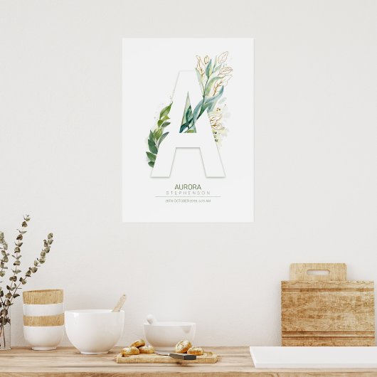 Een Letter Monogram Goud Groene Bladeren Chic Poster (Keuken)