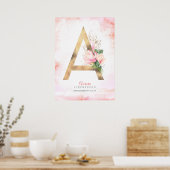 Een Letter Monogram Gouden Bladeren Roze Magnolia Poster (Keuken)