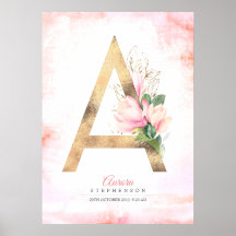 Een Letter Monogram Gouden Bladeren Roze Magnolia