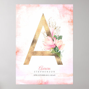 Een Letter Monogram Gouden Bladeren Roze Magnolia  Poster