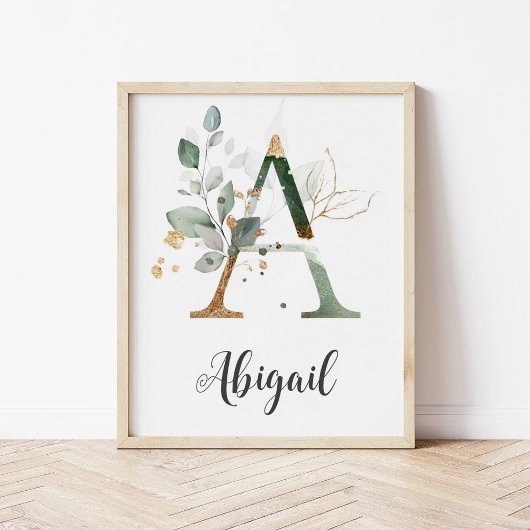 Een Letter Monogram Groene Nursery Naam Muurprint Poster