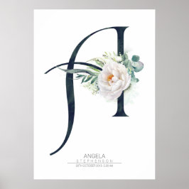 Een Letter Monogram Witte Bloemen en Groene Blader Poster