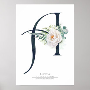 Een Letter Monogram Witte Bloemen en Groene Blader Poster