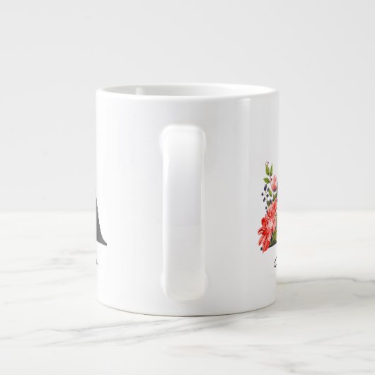 Een Letter Zwart Monogram Bloemen Rood Paarse Groe Grote Koffiekop (Achterkant)