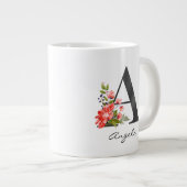 Een Letter Zwart Monogram Bloemen Rood Paarse Groe Grote Koffiekop (Voorkant rechts)
