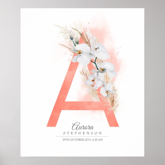 Een lettermonogram witte orchideeën en pampagras poster (Voorkant)