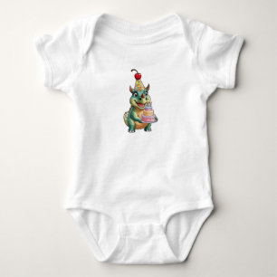 Een leuke cartoon Triceratops met een verjaardagsf Romper
