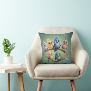 Een leuke cartoon vogelparade in levendige kleuren kussen