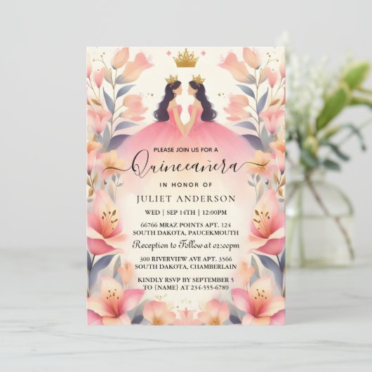 Een leuke Joy Lily Twin Dual Joint Dubbele Quincea Kaart (Staand voorkant)