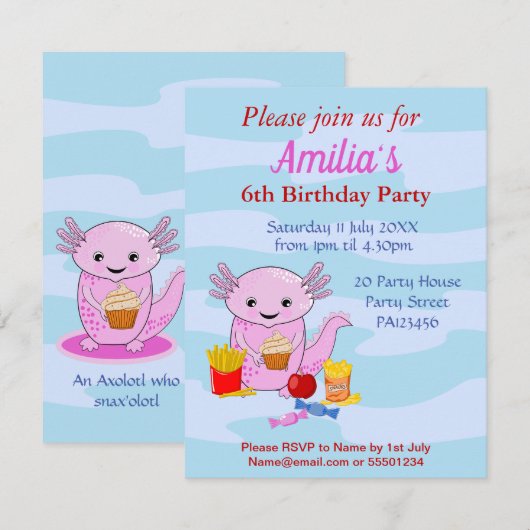 Een leuke uitnodiging voor Axolotl Birthday (Voorkant / Achterkant)