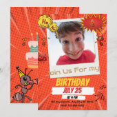 Een leuke verjaardagsuitnodiging in sinaasappel en feestdagenkaart (Voorkant / Achterkant)