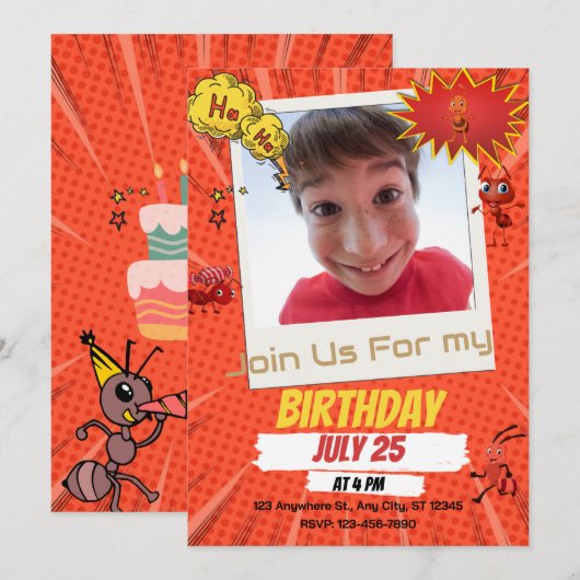 Een leuke verjaardagsuitnodiging in sinaasappel en feestdagenkaart (Voorkant / Achterkant)