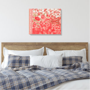 Een levendig rood en roze bloemmotief met el canvas afdruk