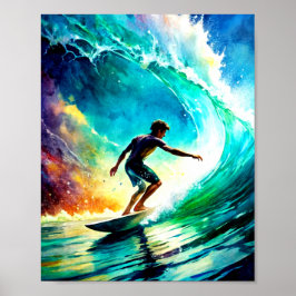 Een levendig schilderij van een persoon surfen Pos Poster
