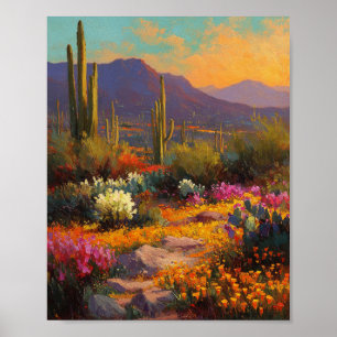 Een levendig tapijt van wilde bloemen en Saguaro C Poster