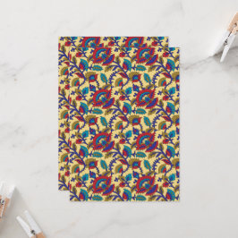 Een levendig textiel kunstwerk met vet rood, ja kaart