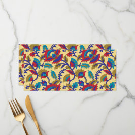 Een levendig textiel kunstwerk met vet rood, ja menu