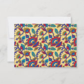 Een levendig textiel kunstwerk met vet rood, ja RSVP kaartje (Voorkant)